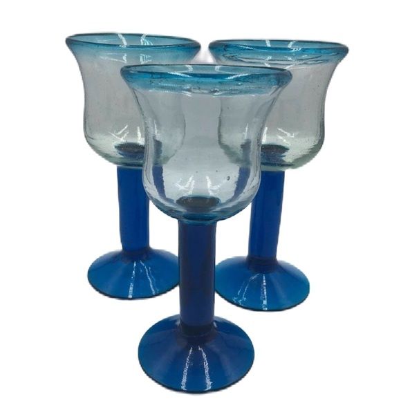 Vintage Sea Blue Handblown Pedestal Goblets Glasses Set of 3 Bell Shape Top - Picture 1 of 14